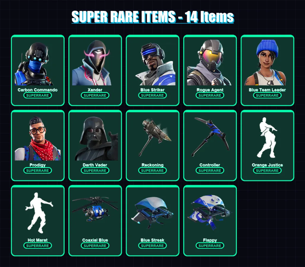 [PC] | Carbon Commando | Xander | Blue Striker | Rogue Agent | Blue Team Leader | 138 skin | 178 pickaxe | 160 emote | 135 glider | Lv2154