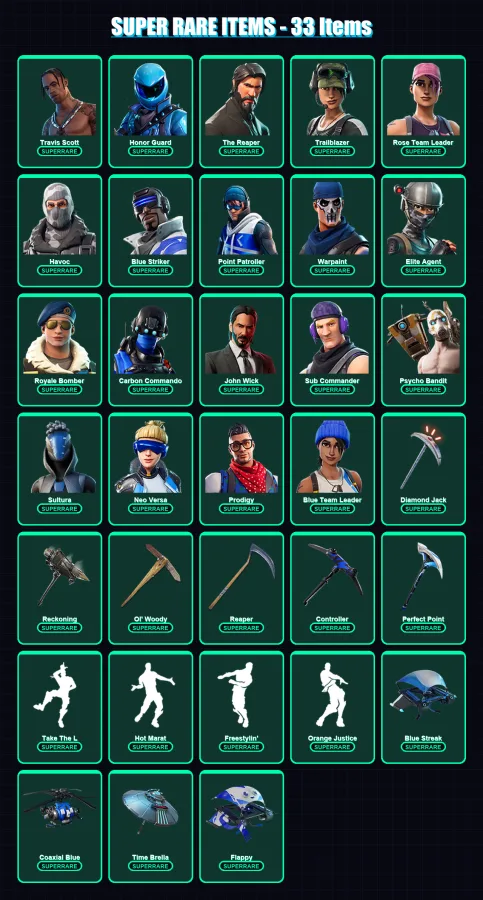 [PC] | Travis Scott | Honor Guard | The Reaper | Trailblazer | Rose Team Leader | 232 skin | 205 pickaxe | 200 emote | 167 glider | Lv2688