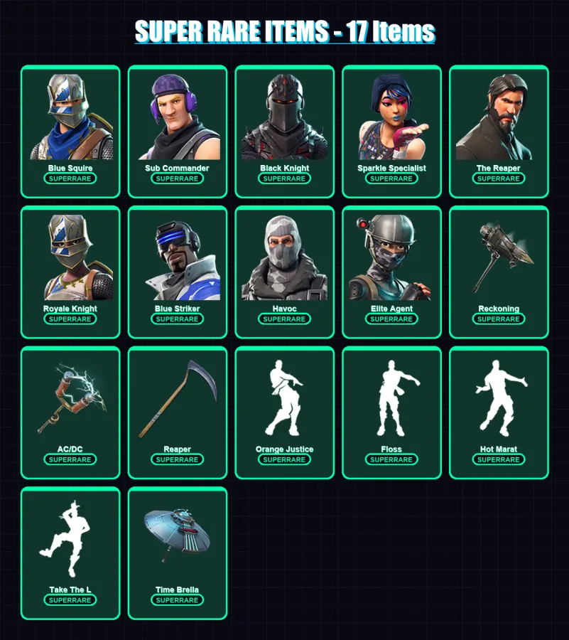 [PC/XBOX] | Blue Squire | Sub Commander | Black Knight | Sparkle Specialist | The Reaper | 128 skin | 155 pickaxe | 134 emote | 147 glider | Lv2089