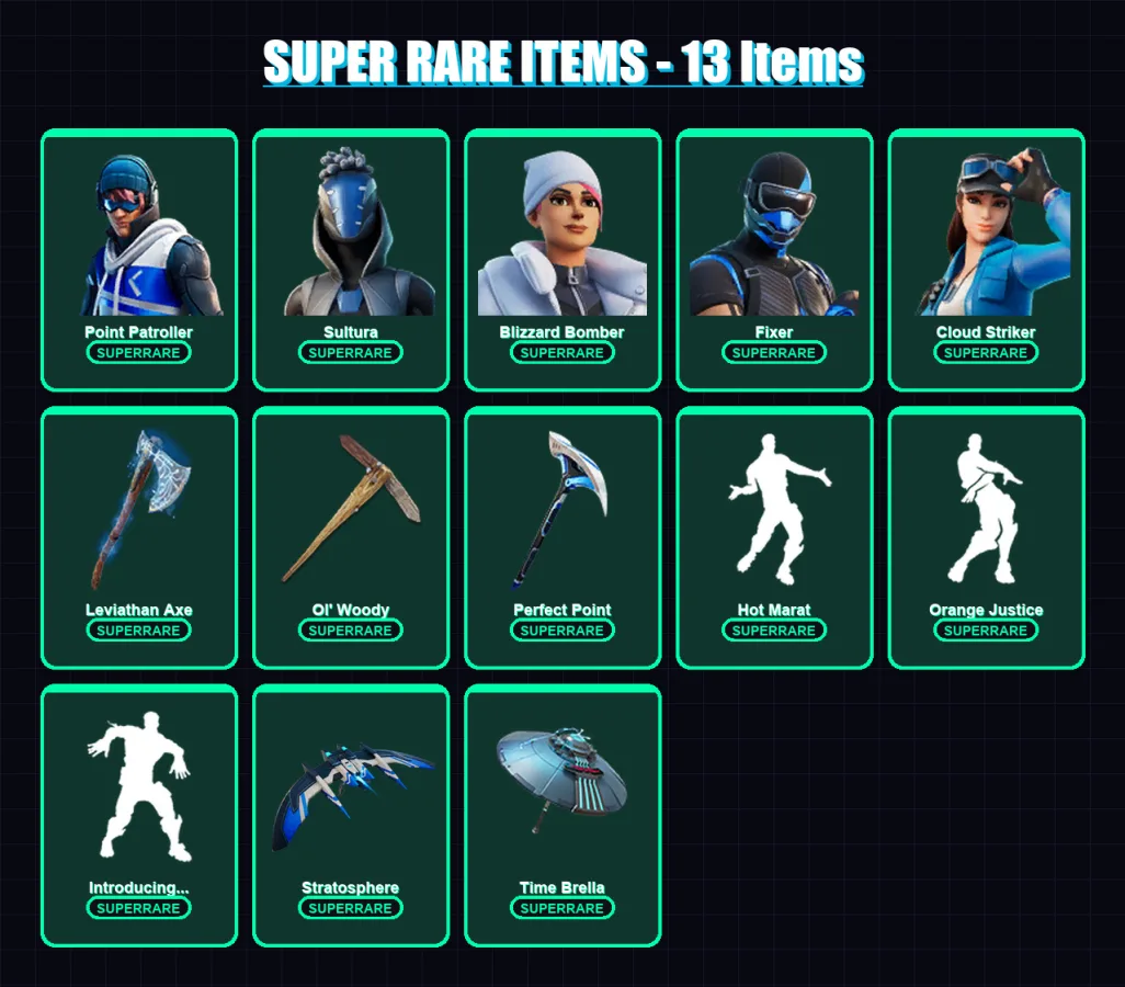 [PS4/PS5/XBOX/PC] | Point Patroller | Sultura | Blizzard Bomber | Fixer | Cloud Striker | 225 skin | 225 pickaxe | 184 emote | 177 glider | Lv2505