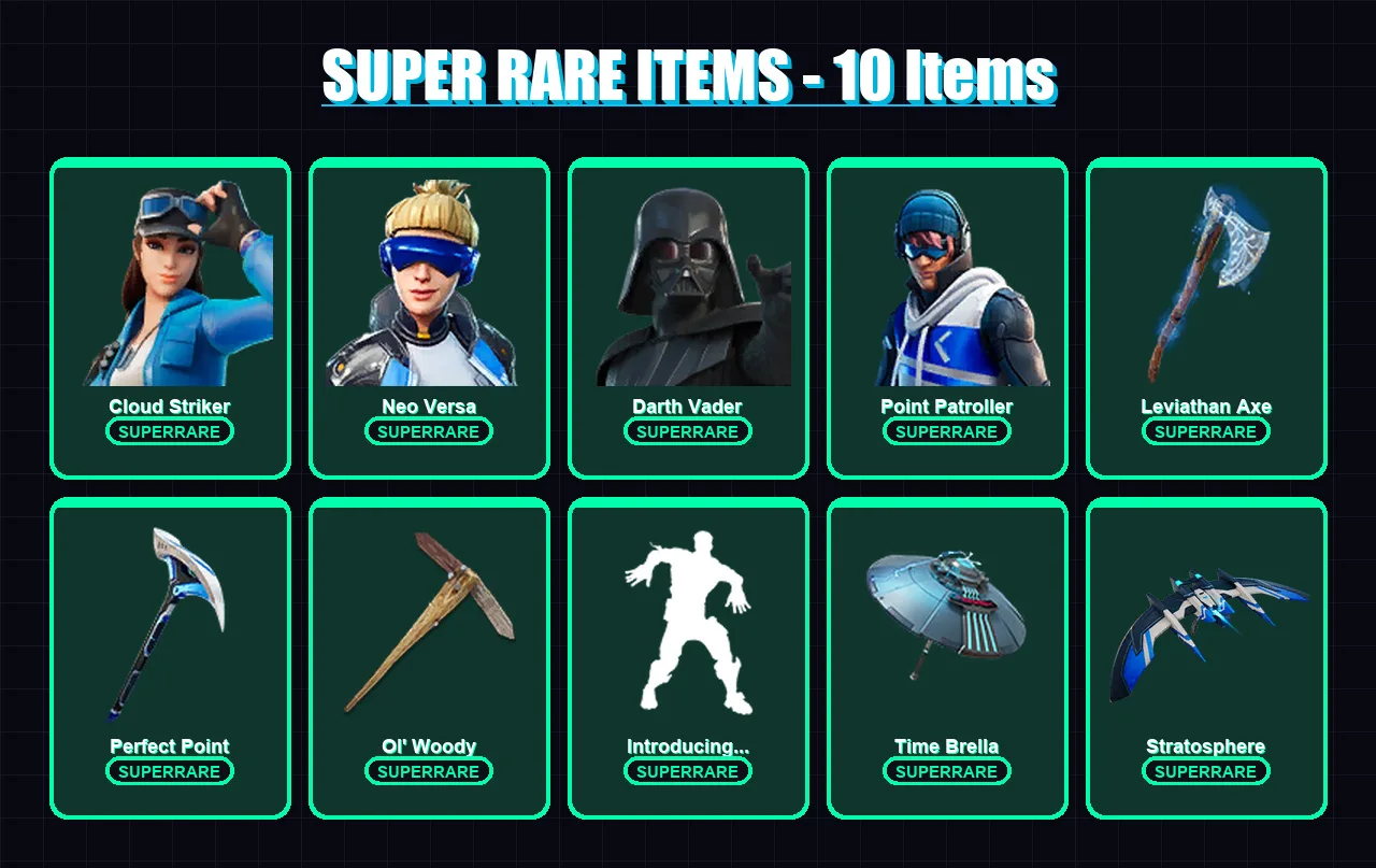 [SWITCH/XBOX/PC] | Cloud Striker | Neo Versa | Darth Vader | Point Patroller | Joey | 213 skin | 250 pickaxe | 256 emote | 170 glider | Lv2250