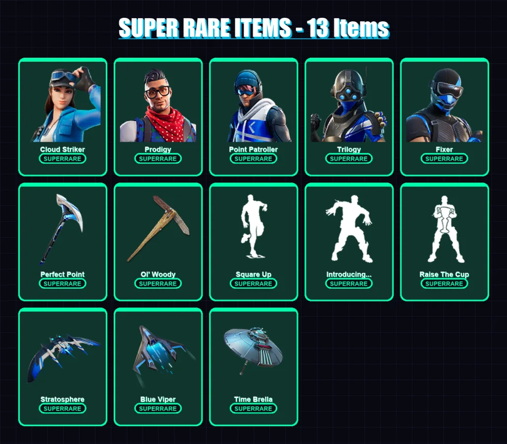 [PC/XBOX/PSN] | Cloud Striker | Prodigy | Point Patroller | Trilogy | Fixer | 55 skin | 80 pickaxe | 63 emote | 67 glider | Lv1162 — Fortnite account