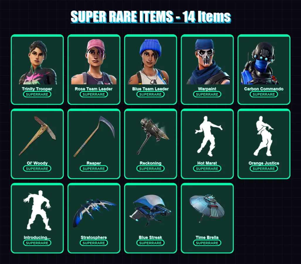 [PC/XBOX] | Trinity Trooper | Rose Team Leader | Blue Team Leader | Warpaint | Carbon Commando | 93 skin | 98 pickaxe | 96 emote | 105 glider | Lv14