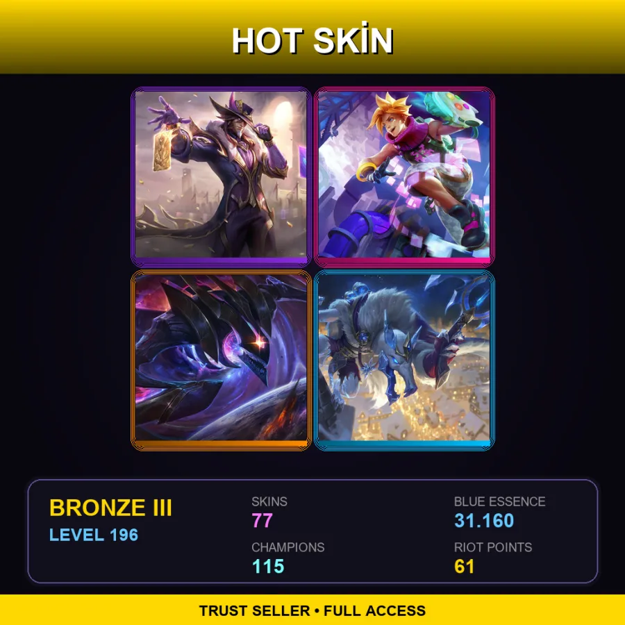 EUW | Lv196 | Bronze III | 77 Skin | 115 Champ