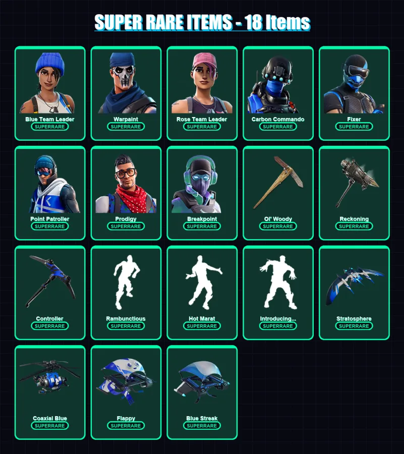 [PC/XBOX] | Blue Team Leader | Warpaint | Rose Team Leader | Carbon Commando | Fixer | 158 skin | 116 pickaxe | 145 emote | 90 glider | Lv948