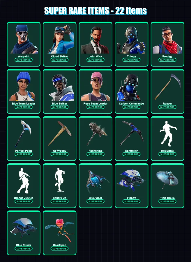 [PS4/PS5/XBOX/PC] | Warpaint | Cloud Striker | John Wick | Trilogy | Prodigy | 175 skin | 192 pickaxe | 155 emote | 147 glider | Lv1994