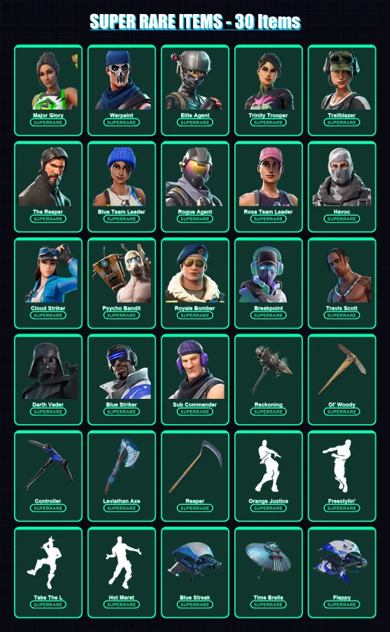 [PS4/PS5/XBOX/PC] | Major Glory | Warpaint | Elite Agent | Trinity Trooper | Trailblazer | 268 skin | 229 pickaxe | 129 emote | 161 glider | Lv2587