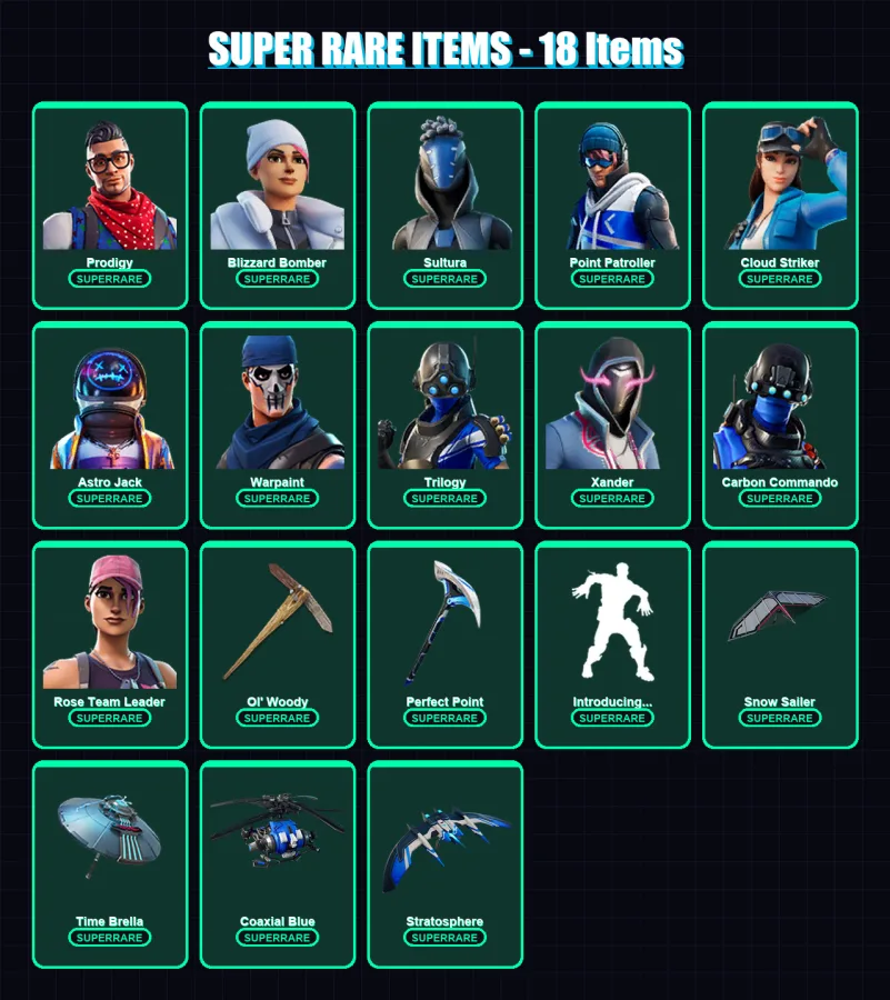 [PC] | Prodigy | Blizzard Bomber | Sultura | Point Patroller | Cloud Striker | 136 skin | 188 pickaxe | 119 emote | 136 glider | Lv2267