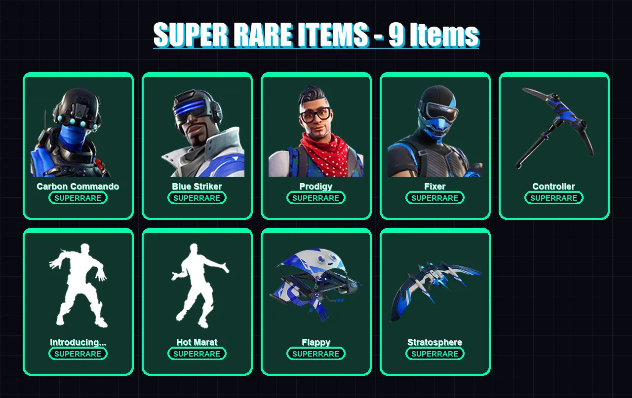[PS4/PS5/XBOX/PC] | Carbon Commando | Blue Striker | Prodigy | Fixer | Valeria | 23 skin | 38 pickaxe | 32 emote | 31 glider | Lv418 — Fortnite account