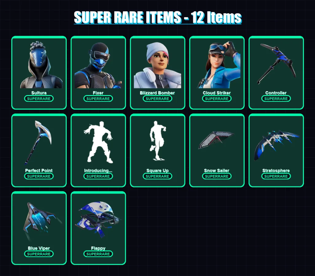 [PC/XBOX/PSN] | Sultura | Fixer | Blizzard Bomber | Cloud Striker | Wingman | 8 skin | 23 pickaxe | 33 emote | 23 glider | Lv478