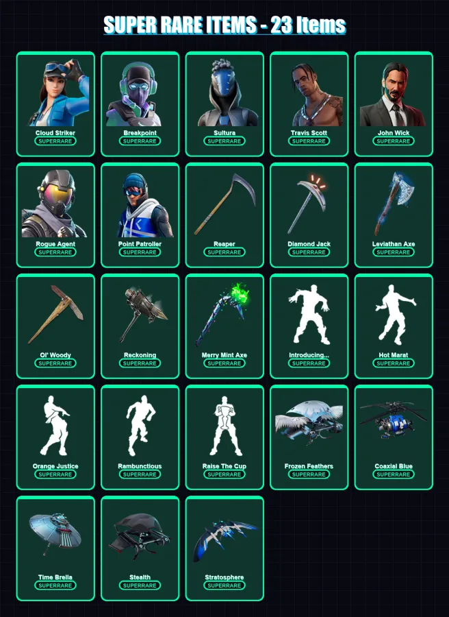 [PS4/PS5/XBOX/PC] | Cloud Striker | Breakpoint | Sultura | Travis Scott | John Wick | 390 skin | 269 pickaxe | 284 emote | 210 glider | Lv3862