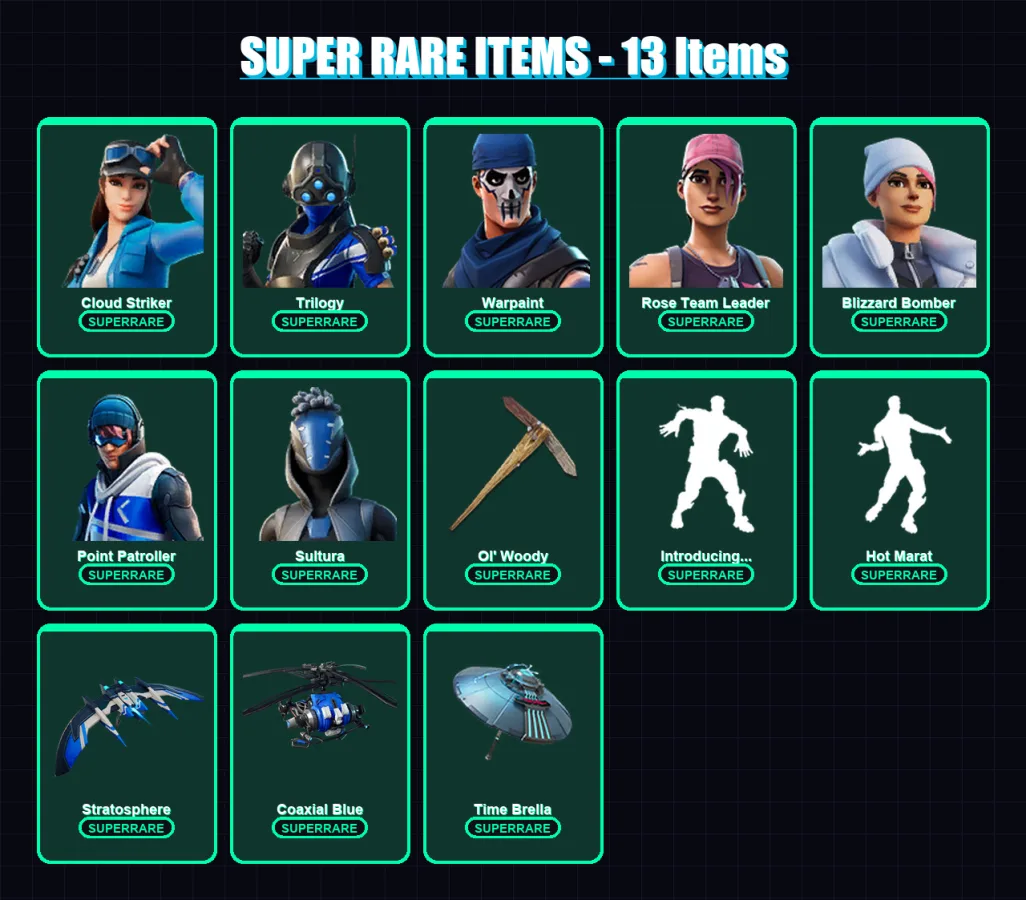 [PS4/PS5/XBOX/PC] | Cloud Striker | Trilogy | Warpaint | Rose Team Leader | Blizzard Bomber | 101 skin | 111 pickaxe | 96 emote | 105 glider | Lv123