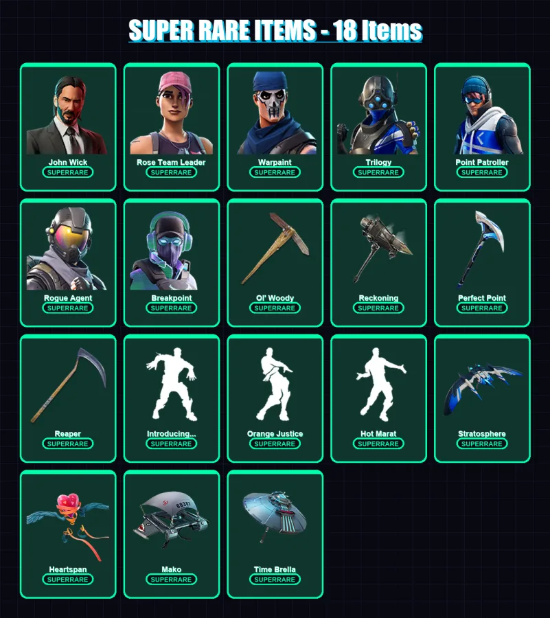 [PC] | John Wick | Rose Team Leader | Warpaint | Trilogy | Point Patroller | 129 skin | 120 pickaxe | 162 emote | 122 glider | Lv1725