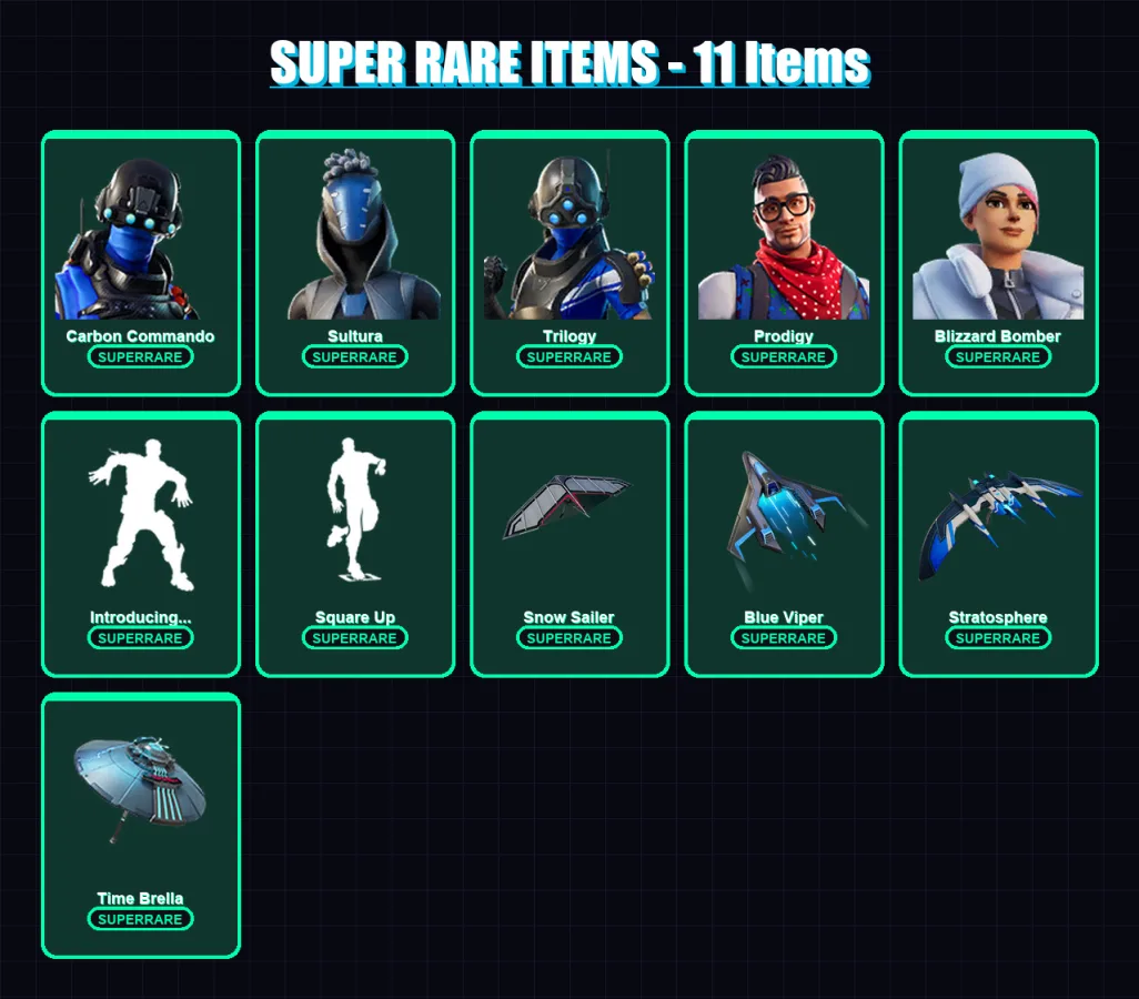 [PS4/PS5/XBOX/PC] | Carbon Commando | Sultura | Trilogy | Prodigy | Blizzard Bomber | 197 skin | 213 pickaxe | 190 emote | 187 glider | Lv2873