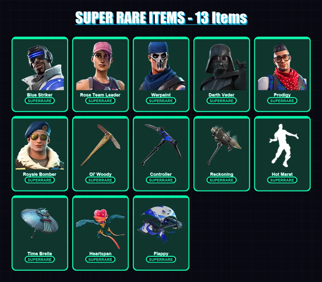 [PS4/PS5/XBOX/PC] | Blue Striker | Rose Team Leader | Warpaint | Darth Vader | Prodigy | 80 skin | 74 pickaxe | 90 emote | 71 glider | Lv813