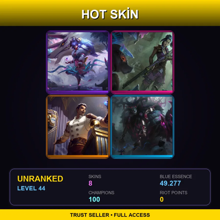 VN | Lv44 | Unranked | 8 Skin | 100 Champ — LoL account