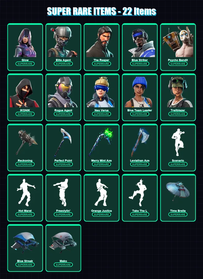 [PC/XBOX] | Glow | Elite Agent | The Reaper | Blue Striker | Psycho Bandit | 103 skin | 96 pickaxe | 111 emote | 95 glider | Lv1954