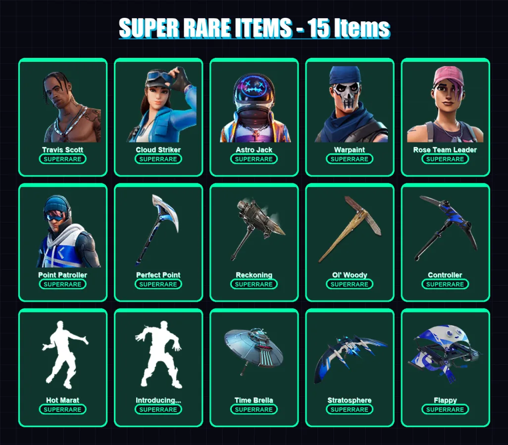 [PS4/PS5/XBOX/PC] | Travis Scott | Cloud Striker | Astro Jack | Warpaint | Rose Team Leader | 114 skin | 208 pickaxe | 142 emote | 173 glider | Lv35