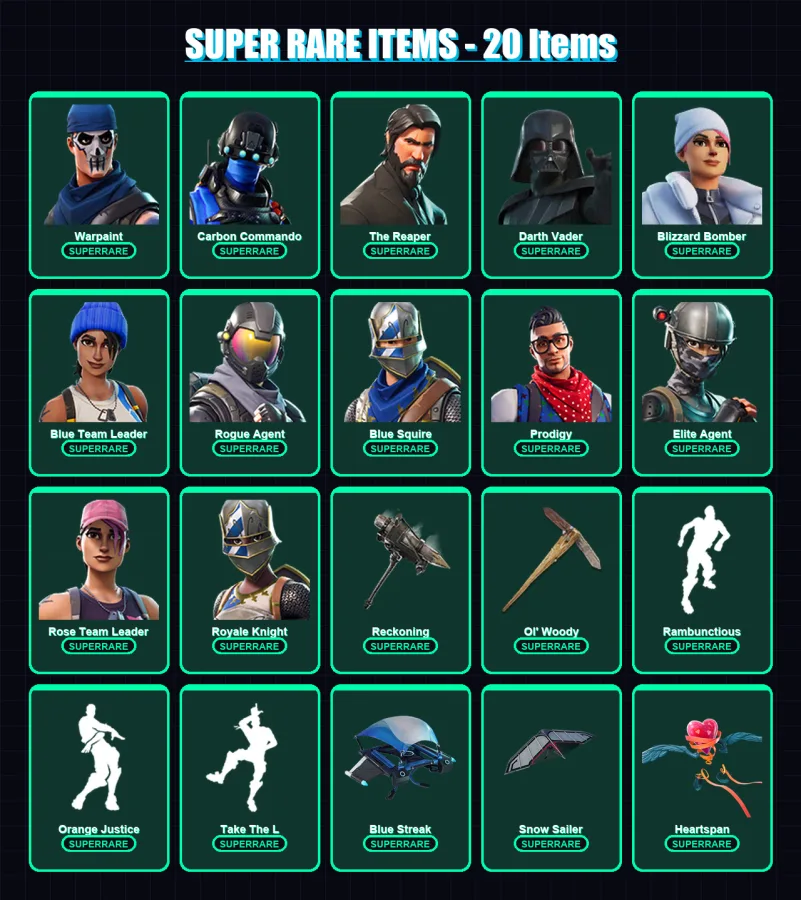 [PS4/PS5/XBOX/PC] | Warpaint | Carbon Commando | The Reaper | Darth Vader | Blizzard Bomber | 95 skin | 68 pickaxe | 124 emote | 74 glider | Lv912