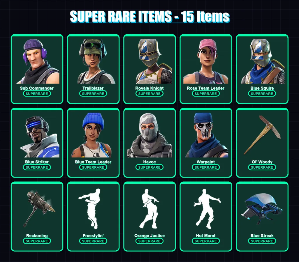 [PS4/PS5/XBOX/PC] | Sub Commander | Trailblazer | Royale Knight | Rose Team Leader | Blue Squire | 67 skin | 43 pickaxe | 64 emote | 58 glider | Lv6