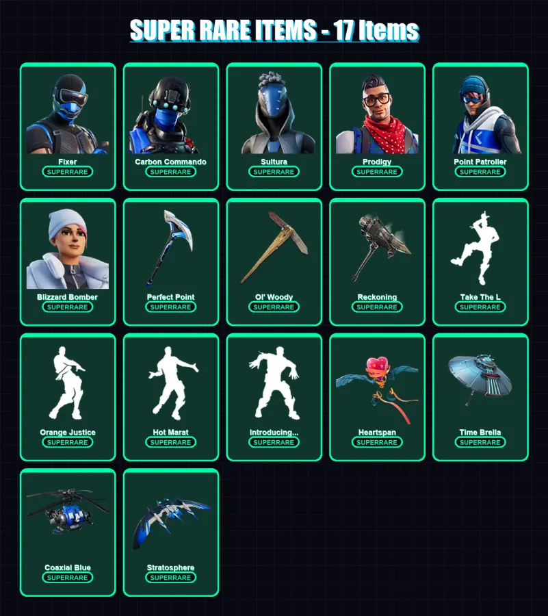 [PC/XBOX/PSN] | Fixer | Carbon Commando | Sultura | Prodigy | Point Patroller | 101 skin | 109 pickaxe | 88 emote | 105 glider | Lv1180