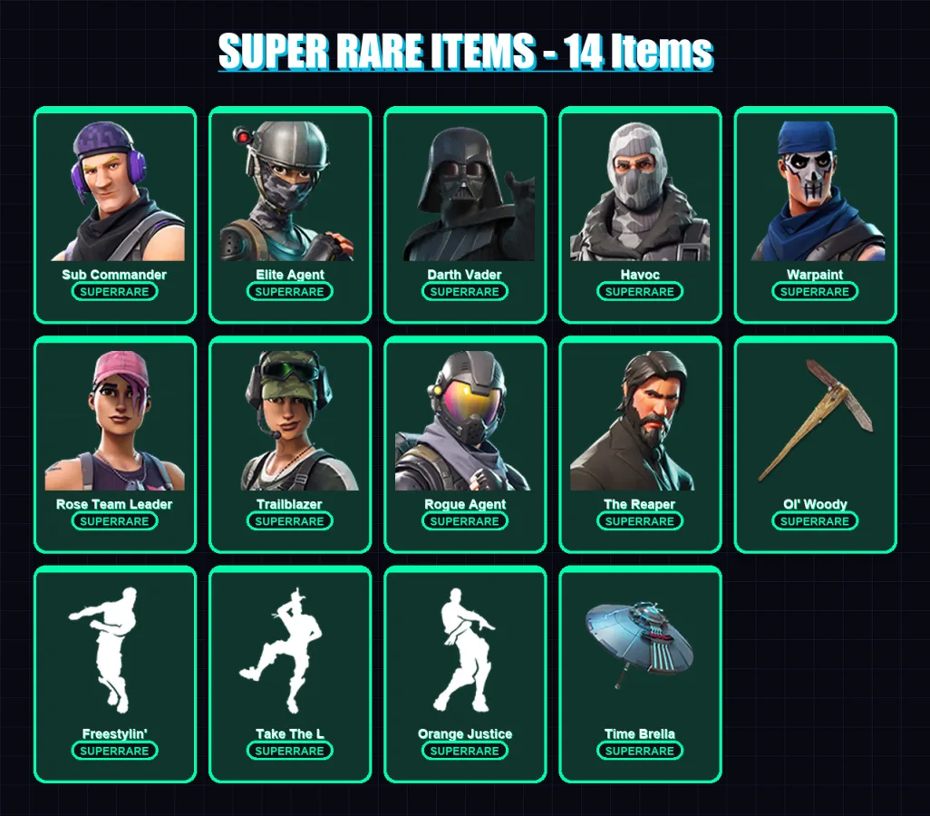 [PC/XBOX/PSN] | Sub Commander | Elite Agent | Darth Vader | Havoc | Warpaint | 191 skin | 198 pickaxe | 140 emote | 149 glider | Lv2013