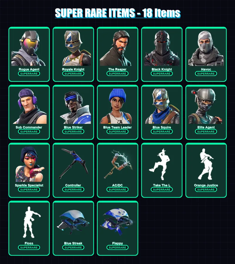 [PC] | Rogue Agent | Royale Knight | The Reaper | Black Knight | Havoc | 57 skin | 45 pickaxe | 48 emote | 49 glider | Lv730