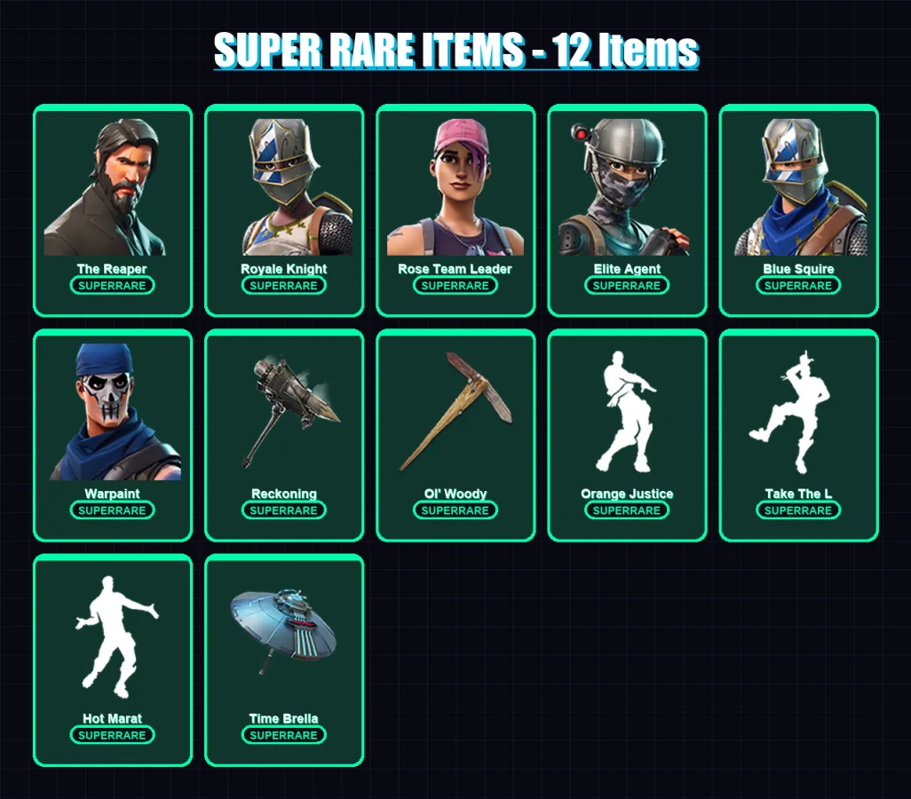[PC/XBOX/PSN] | The Reaper | Royale Knight | Rose Team Leader | Elite Agent | Blue Squire | 100 skin | 94 pickaxe | 130 emote | 98 glider | Lv1210