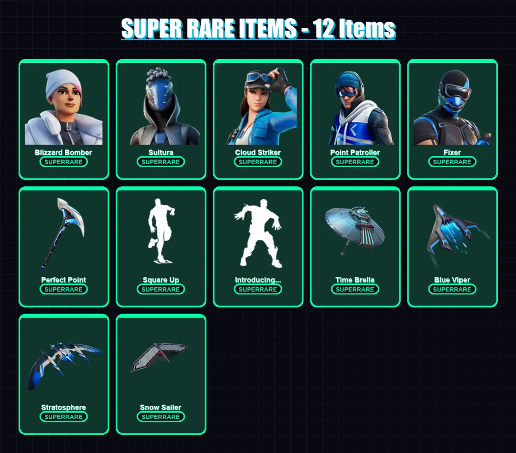 [PS4/PS5/XBOX/PC] | Blizzard Bomber | Sultura | Cloud Striker | Point Patroller | Fixer | 46 skin | 117 pickaxe | 88 emote | 97 glider | Lv1524