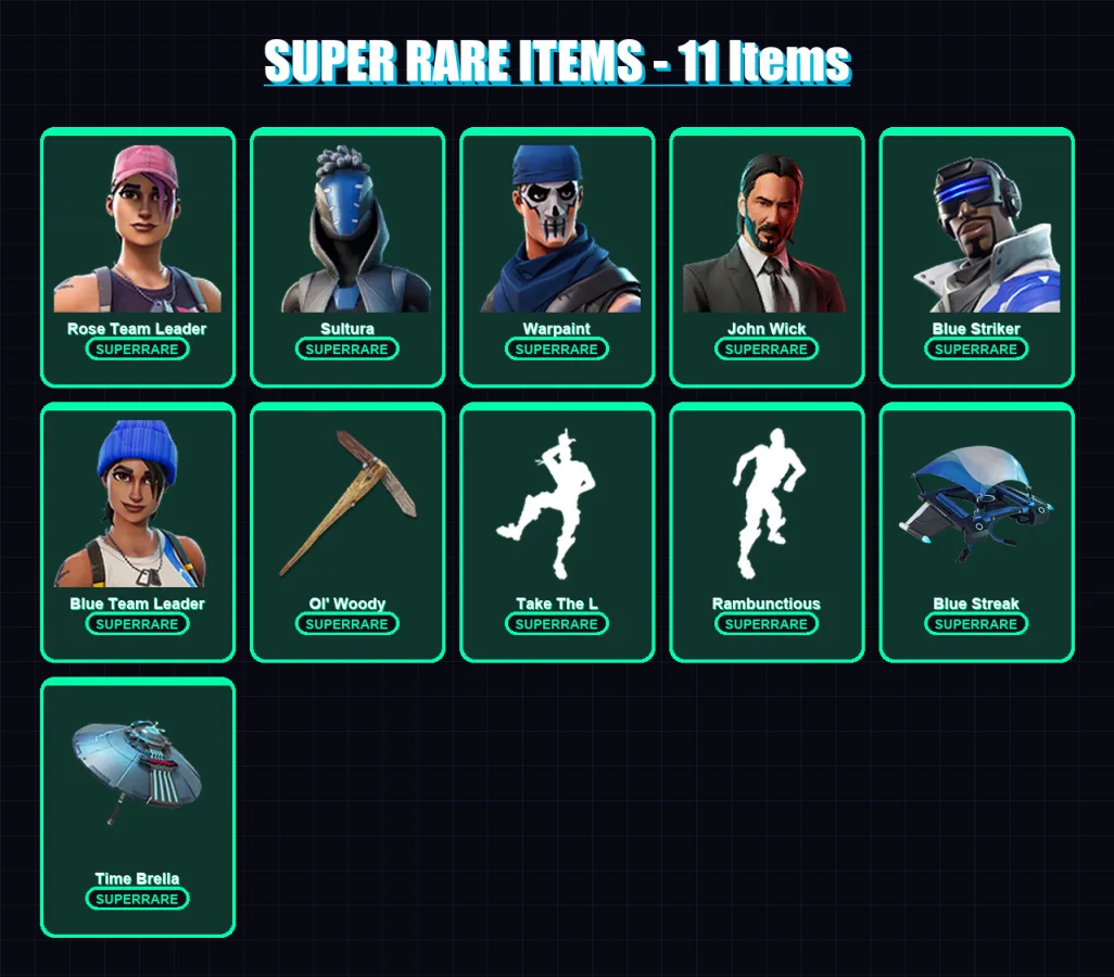 [PC/XBOX] | Rose Team Leader | Sultura | Warpaint | John Wick | Blue Striker | 126 skin | 127 pickaxe | 107 emote | 68 glider | Lv580