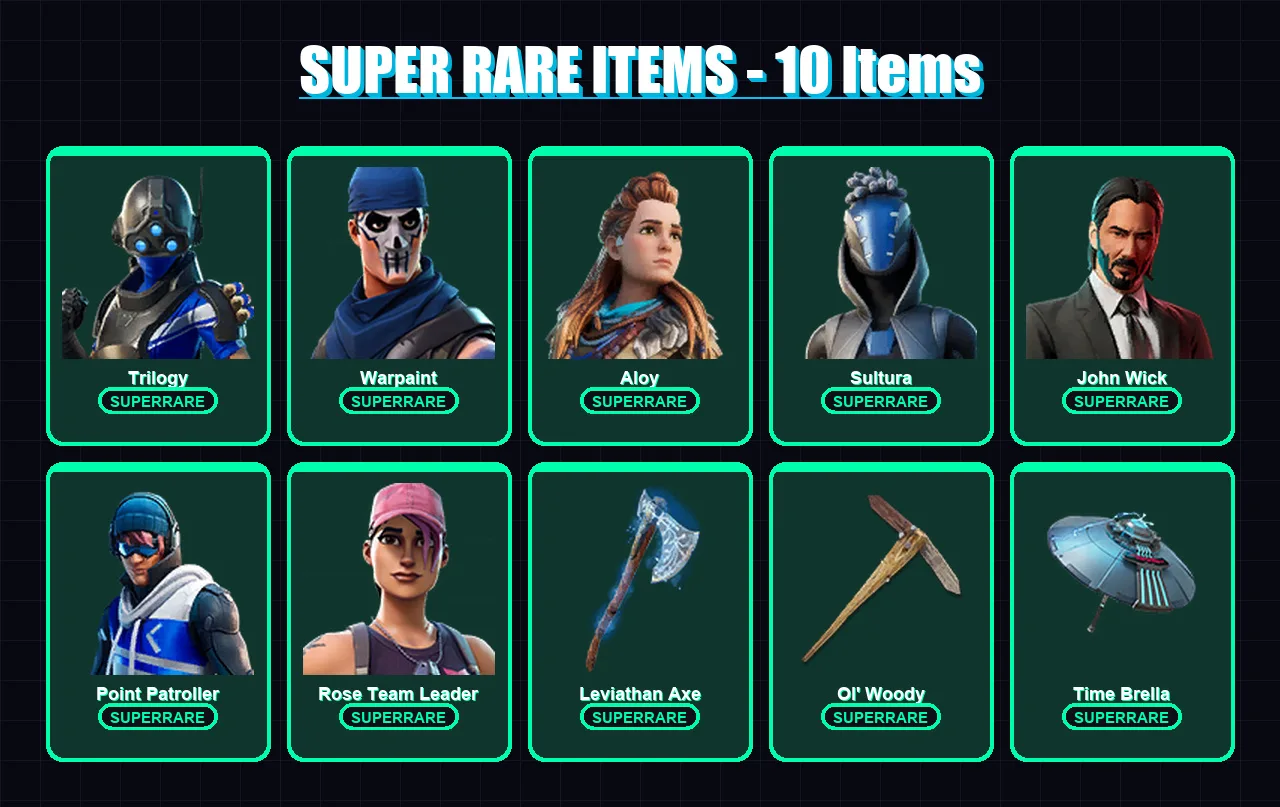 [PS4/PS5/XBOX/PC] | Trilogy | Warpaint | Aloy | Sultura | John Wick | 112 skin | 138 pickaxe | 112 emote | 122 glider | Lv1609 — Fortnite account