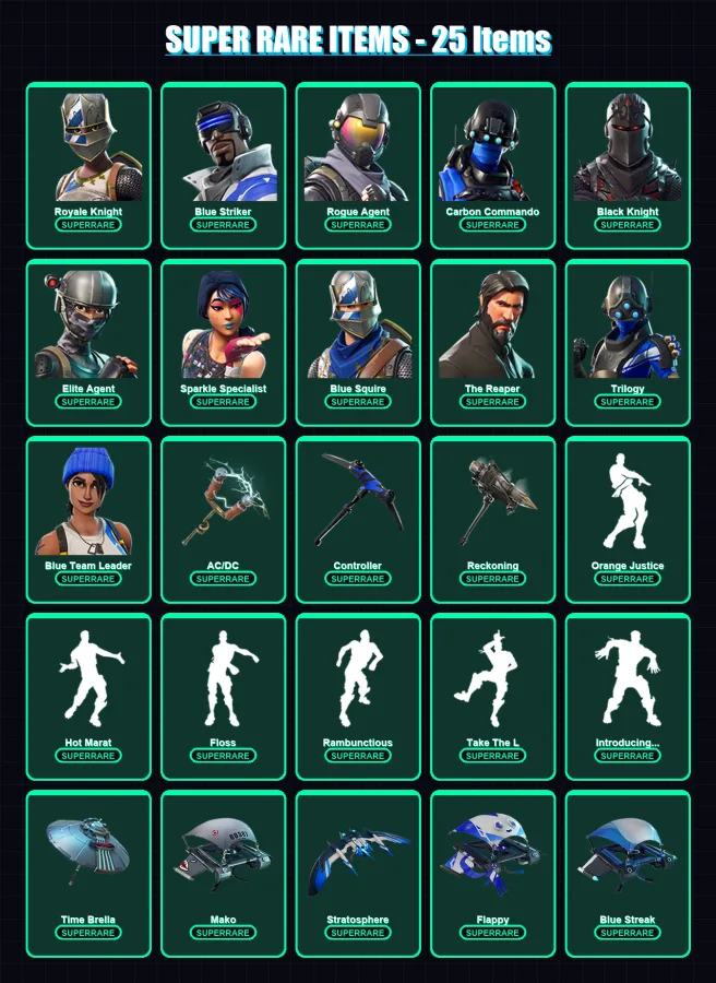 [PC/XBOX/PSN] | Royale Knight | Blue Striker | Rogue Agent | Carbon Commando | Black Knight | 141 skin | 143 pickaxe | 146 emote | 129 glider | Lv18