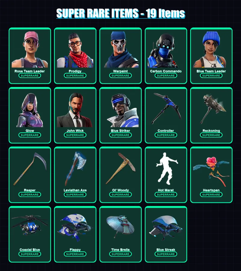 [PC/XBOX] | Rose Team Leader | Prodigy | Warpaint | Carbon Commando | Blue Team Leader | 92 skin | 95 pickaxe | 90 emote | 87 glider | Lv1166