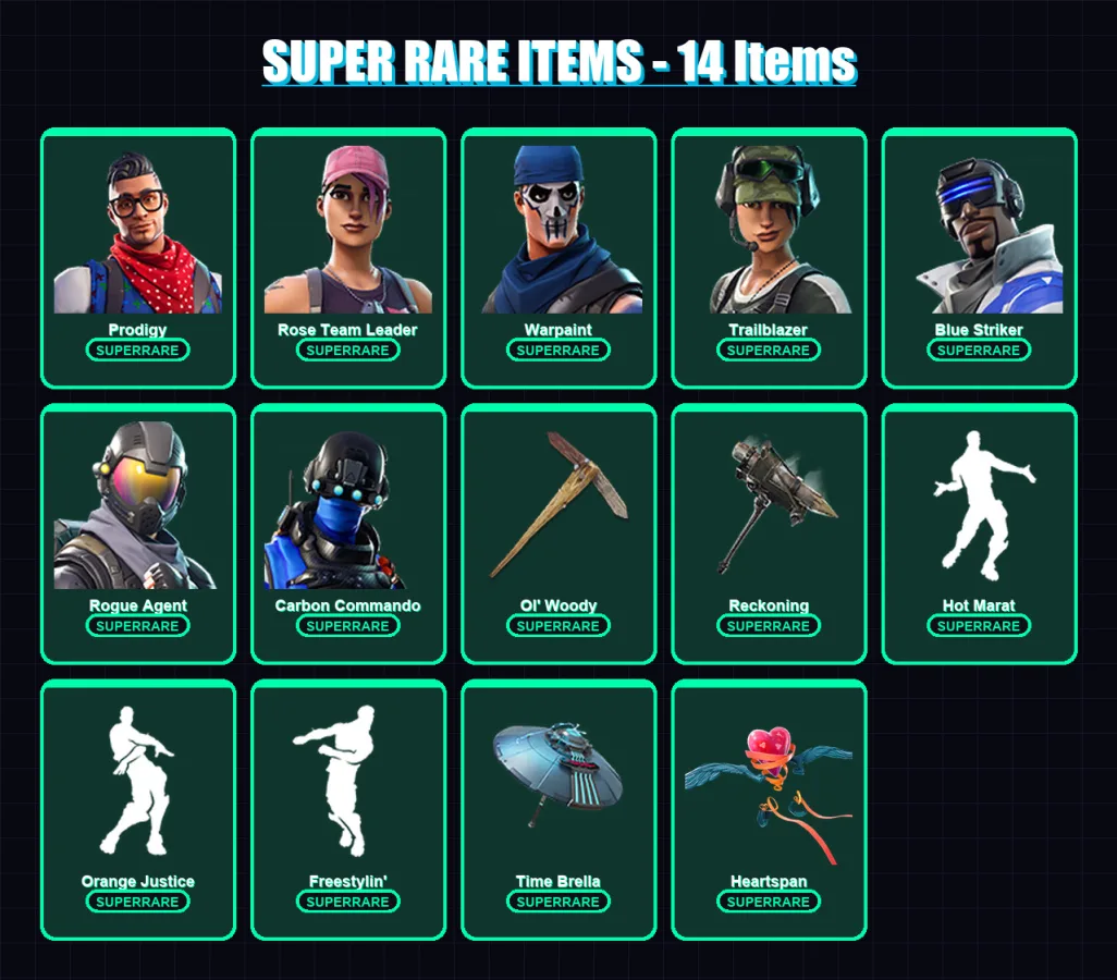 [PC/XBOX] | Prodigy | Rose Team Leader | Warpaint | Trailblazer | Blue Striker | 105 skin | 96 pickaxe | 110 emote | 103 glider | Lv1250