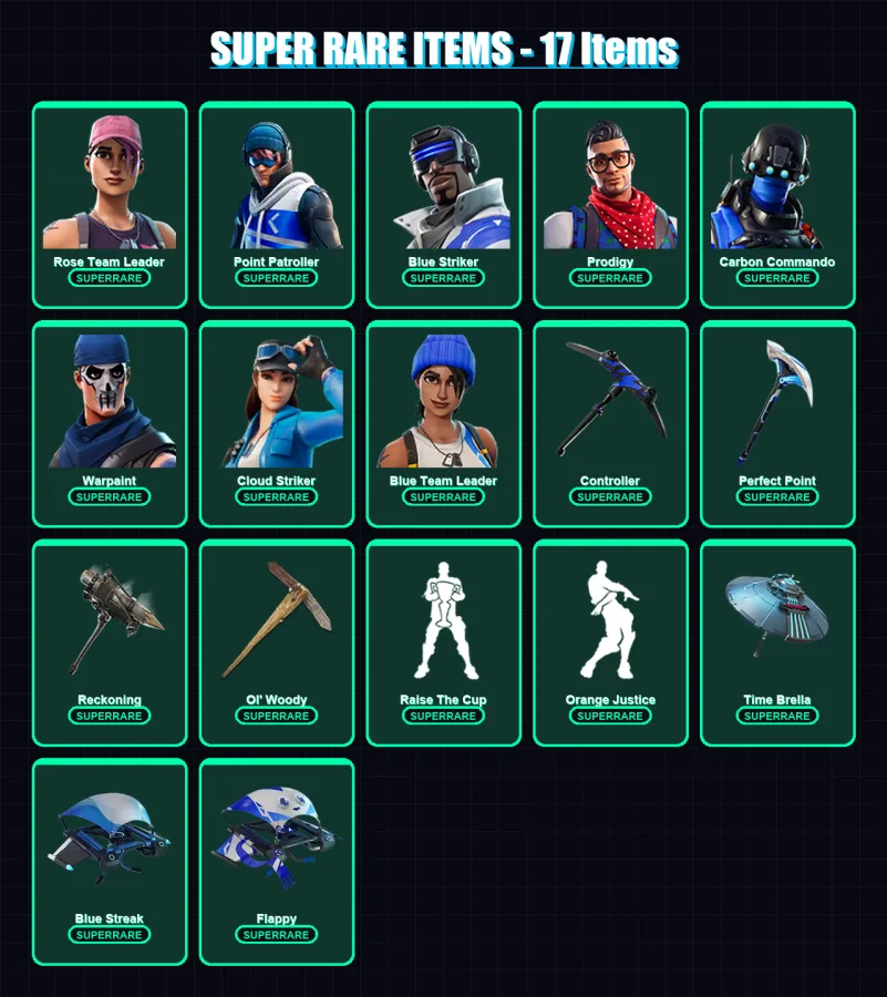 [PC] | Rose Team Leader | Point Patroller | Blue Striker | Prodigy | Carbon Commando | 126 skin | 135 pickaxe | 108 emote | 111 glider | Lv2042