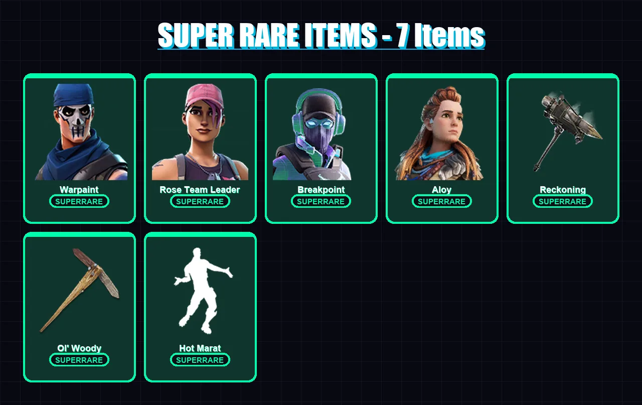 [PC] | Warpaint | Rose Team Leader | Breakpoint | Aloy | The Prisoner | 72 skin | 73 pickaxe | 62 emote | 62 glider | Lv622