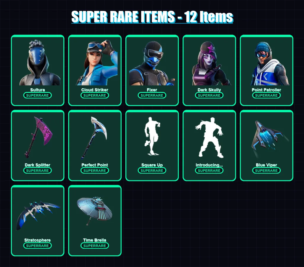 [PC] | Sultura | Cloud Striker | Fixer | Dark Skully | Point Patroller | 132 skin | 150 pickaxe | 111 emote | 98 glider | Lv1328
