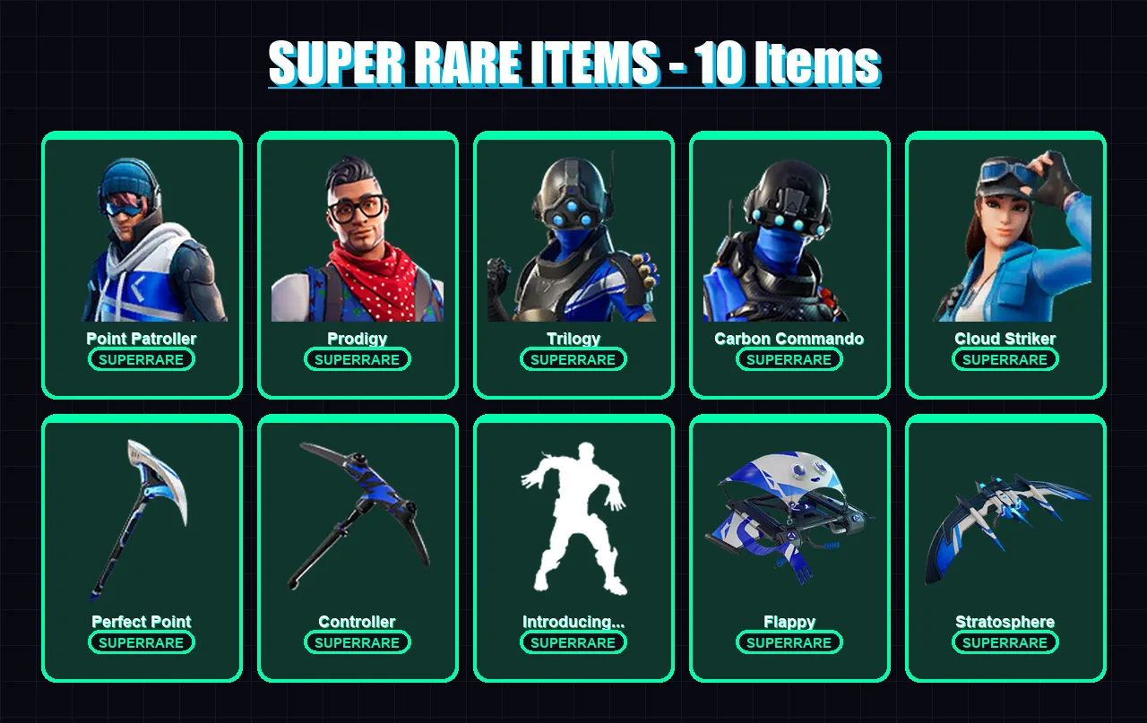 [PS4/PS5/XBOX/PC] | Point Patroller | Prodigy | Trilogy | Carbon Commando | Cloud Striker | 61 skin | 105 pickaxe | 78 emote | 82 glider | Lv1393