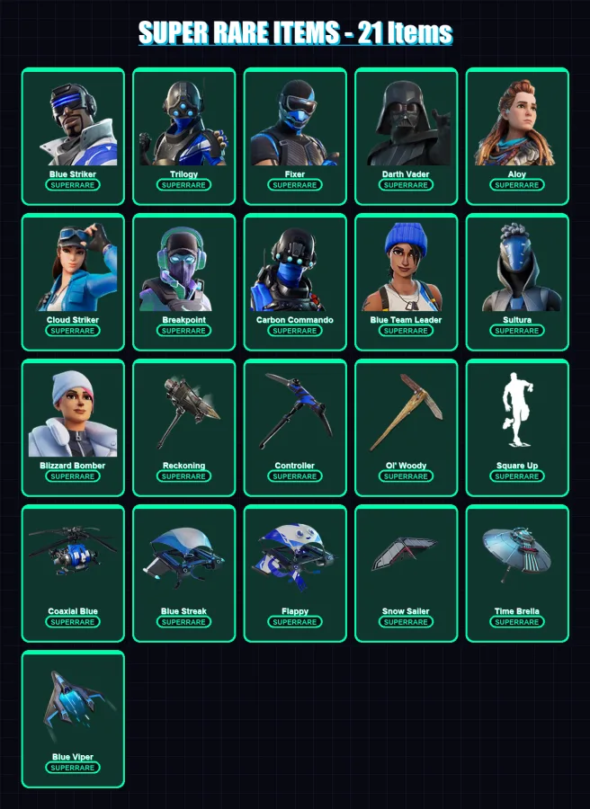 [PC] | Blue Striker | Trilogy | Fixer | Darth Vader | Aloy | 307 skin | 301 pickaxe | 211 emote | 174 glider | Lv1784