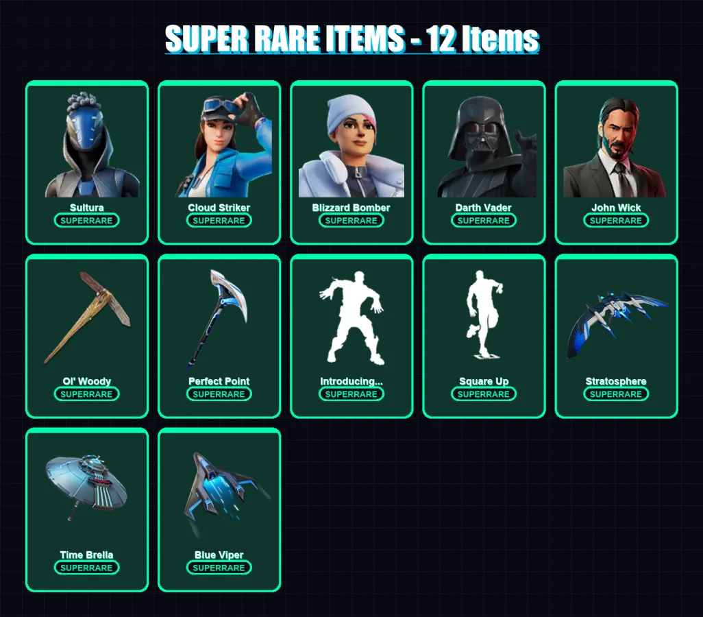 [PS4/PS5/XBOX/PC] | Sultura | Cloud Striker | Blizzard Bomber | Darth Vader | John Wick | 162 skin | 236 pickaxe | 150 emote | 187 glider | Lv2776