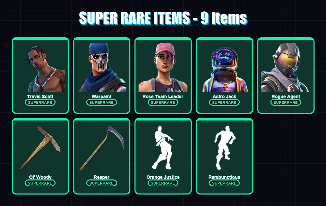 [PC/XBOX/PSN] | Travis Scott | Warpaint | Rose Team Leader | Astro Jack | Rogue Agent | 82 skin | 56 pickaxe | 88 emote | 58 glider | Lv599