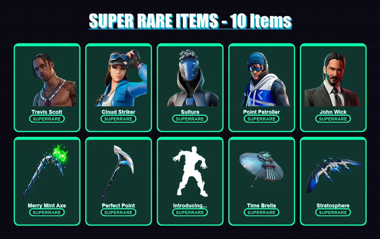 [PS4/PS5/XBOX/PC] | Travis Scott | Cloud Striker | Sultura | Point Patroller | John Wick | 101 skin | 97 pickaxe | 107 emote | 106 glider | Lv1345