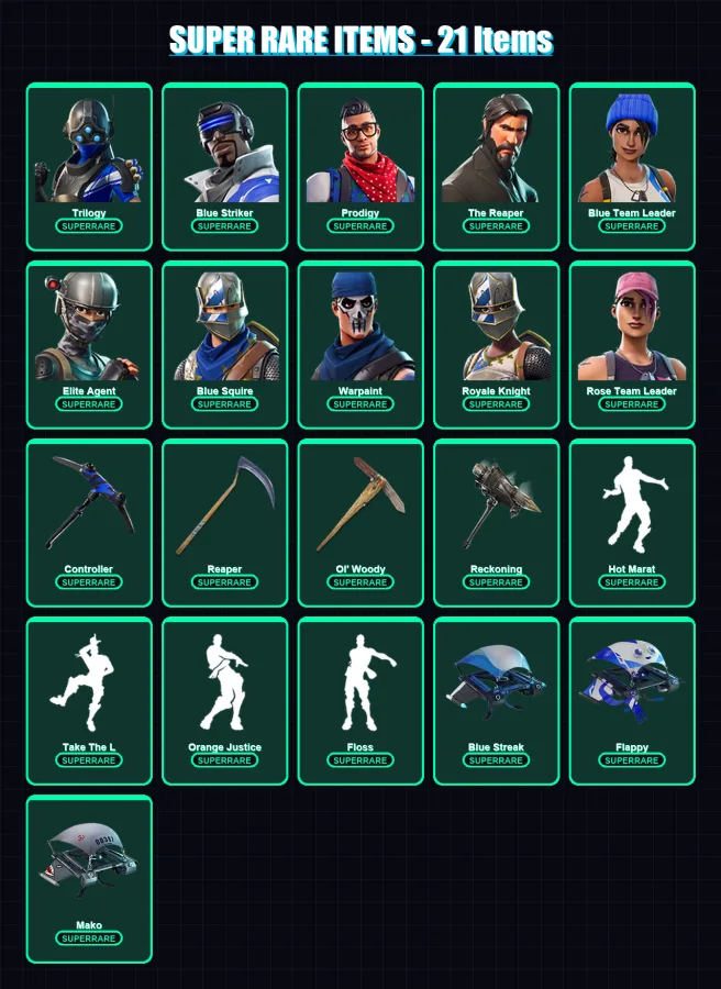[PC/XBOX] | Trilogy | Blue Striker | Prodigy | The Reaper | Blue Team Leader | 83 skin | 63 pickaxe | 79 emote | 83 glider | Lv972