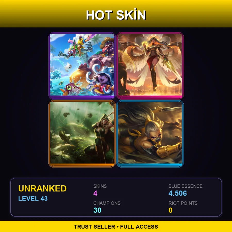 LAN | Lv43 | Unranked | 4 Skin | 30 Champ — LoL account