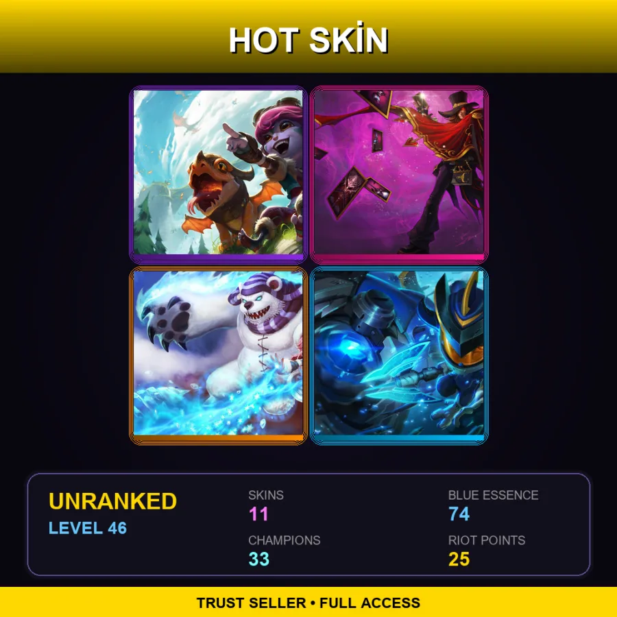 TR | Dragon Trainer Tristana | The Magnificent Twisted Fate | Frostfire Annie | Super Galaxy Fizz | 11 Skin | 33 Champ | Lv46