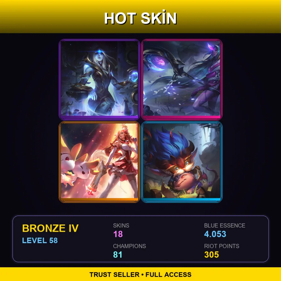 EUW | Cosmic Queen Ashe | Spirit Blossom Soraka | Star Guardian Miss Fortune | Dragon Trainer Heimerdinger | 18 Skin | 81 Champ | Bronze IV | Lv58