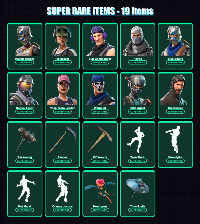 [PC/PSN] | Royale Knight | Trailblazer | Sub Commander | Havoc | Blue Squire | 96 skin | 113 pickaxe | 83 emote | 96 glider | Lv1652
