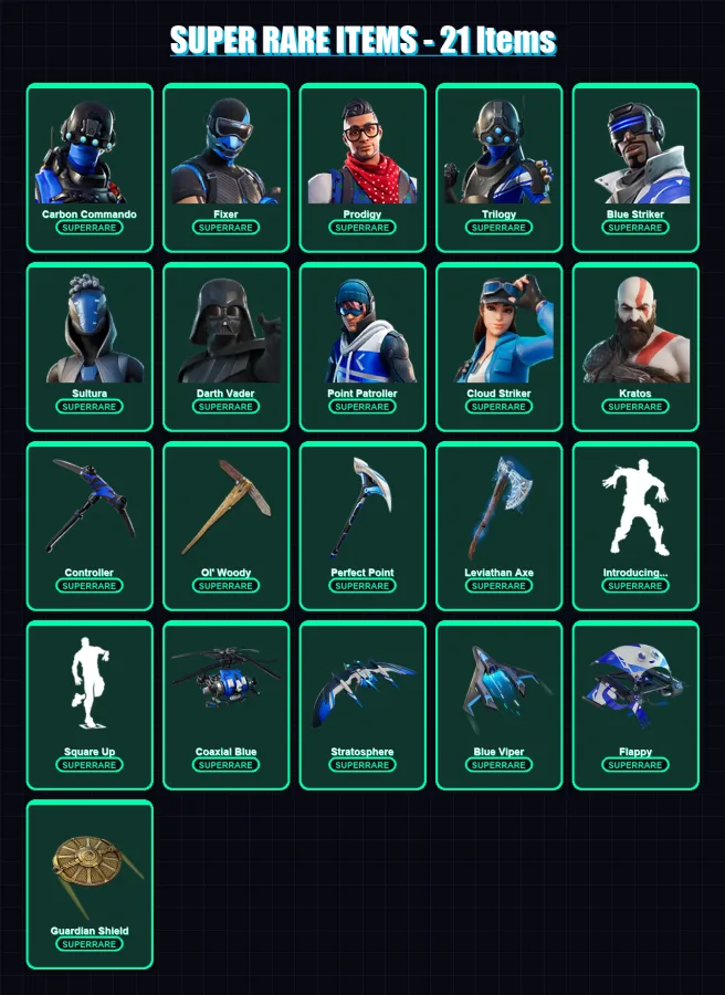 [PS4/PS5/XBOX/PC] | Carbon Commando | Fixer | Prodigy | Trilogy | Blue Striker | 309 skin | 355 pickaxe | 285 emote | 221 glider | Lv3790
