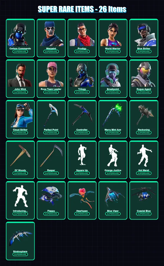 [PS4/PS5/XBOX/PC] | Carbon Commando | Warpaint | Prodigy | World Warrior | Blue Striker | 168 skin | 116 pickaxe | 89 emote | 84 glider | Lv893