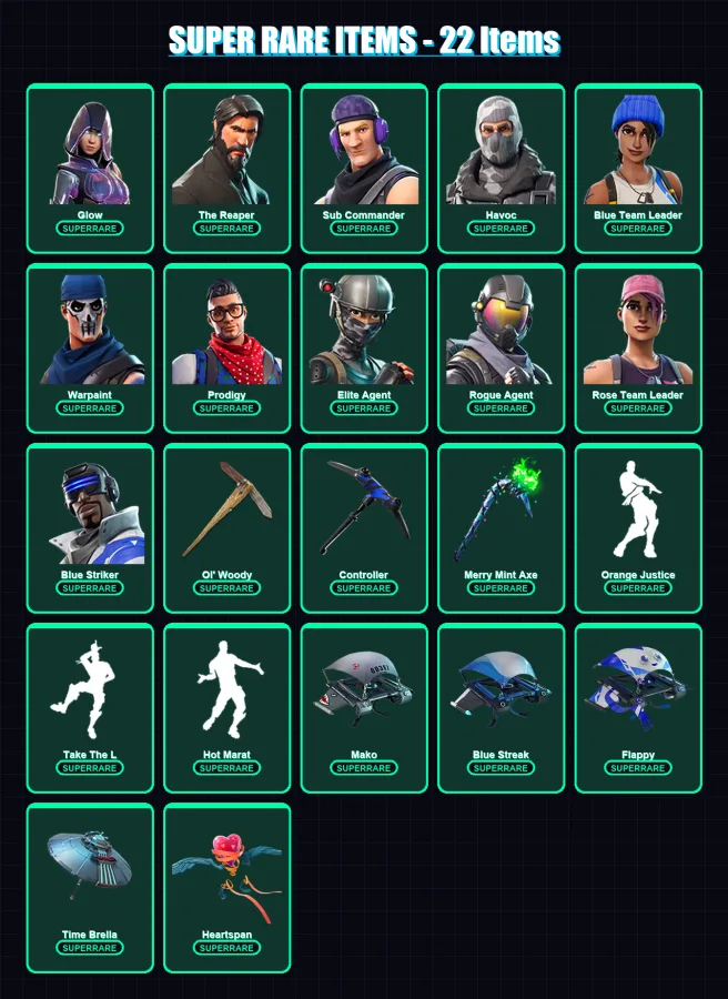 [SWITCH/XBOX/PC] | Glow | The Reaper | Sub Commander | Havoc | Blue Team Leader | 77 skin | 88 pickaxe | 81 emote | 94 glider | Lv1055